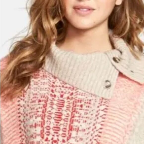 Caslon Jacquard Button Cowl Neck Sweater-Knit Poncho Red Salmon Gray Siz… - Picture 3 of 17